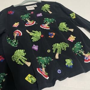 Michael Simon Light Cardigan Womens Small Embroidered Tropical Christmas Button